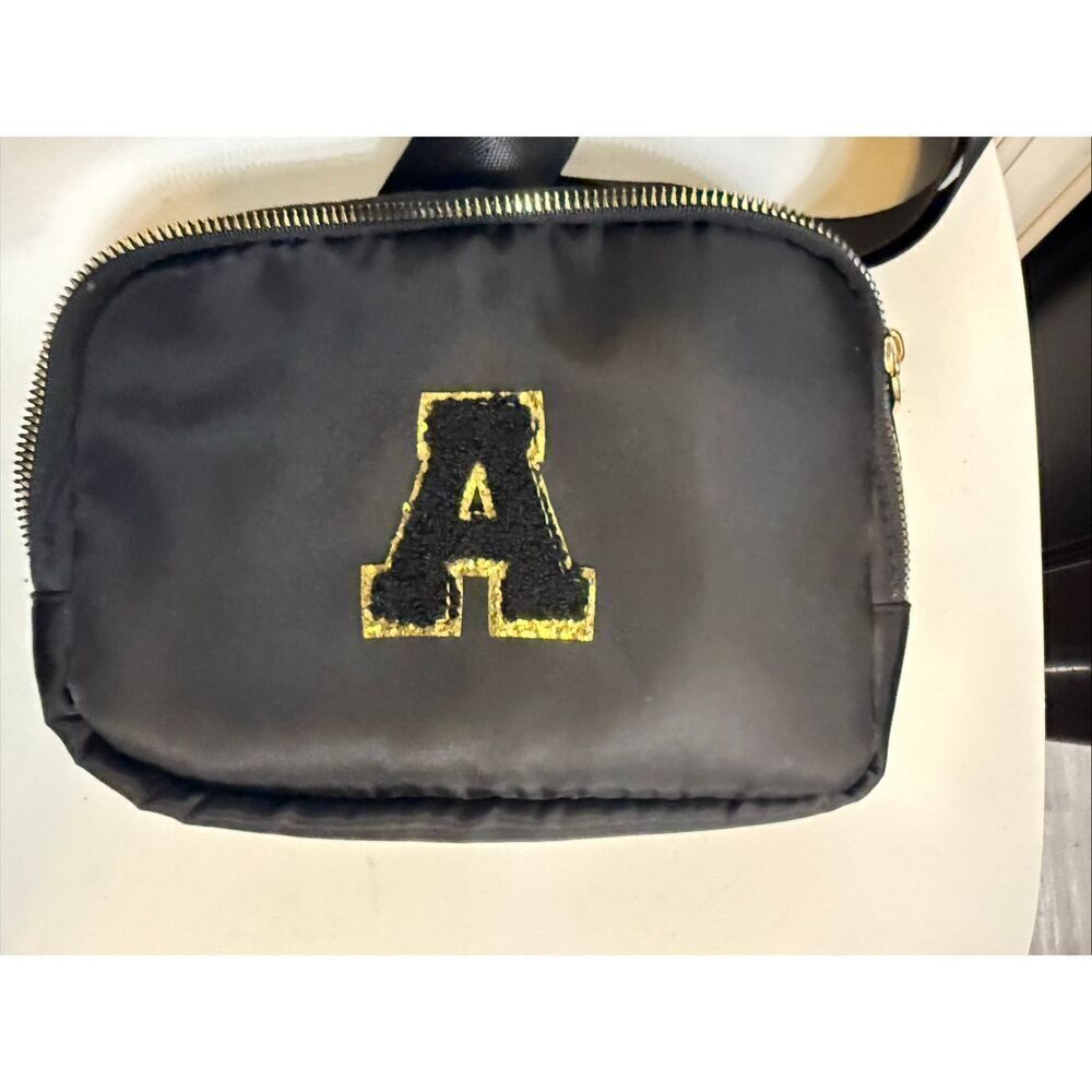 Women's Fuzzy Letter A Initial Top Zip Fanny Pack Belt Bag Black OS